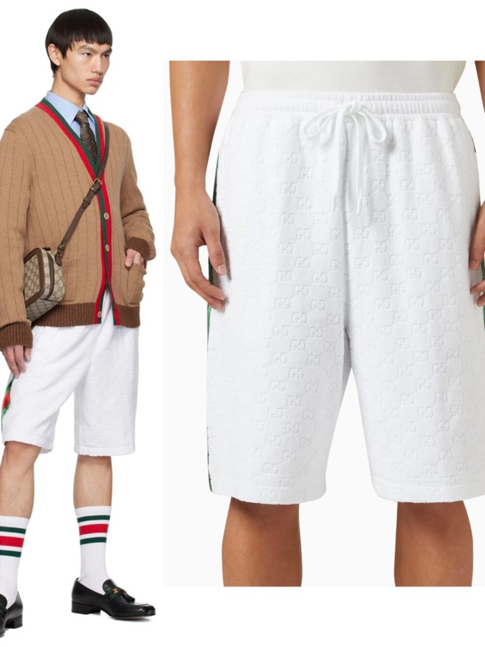 GUCCI SHORTS WHITE GG COTTON BLEND TERRYCLOTH DRAWSTRING WEB STRIPE sz M